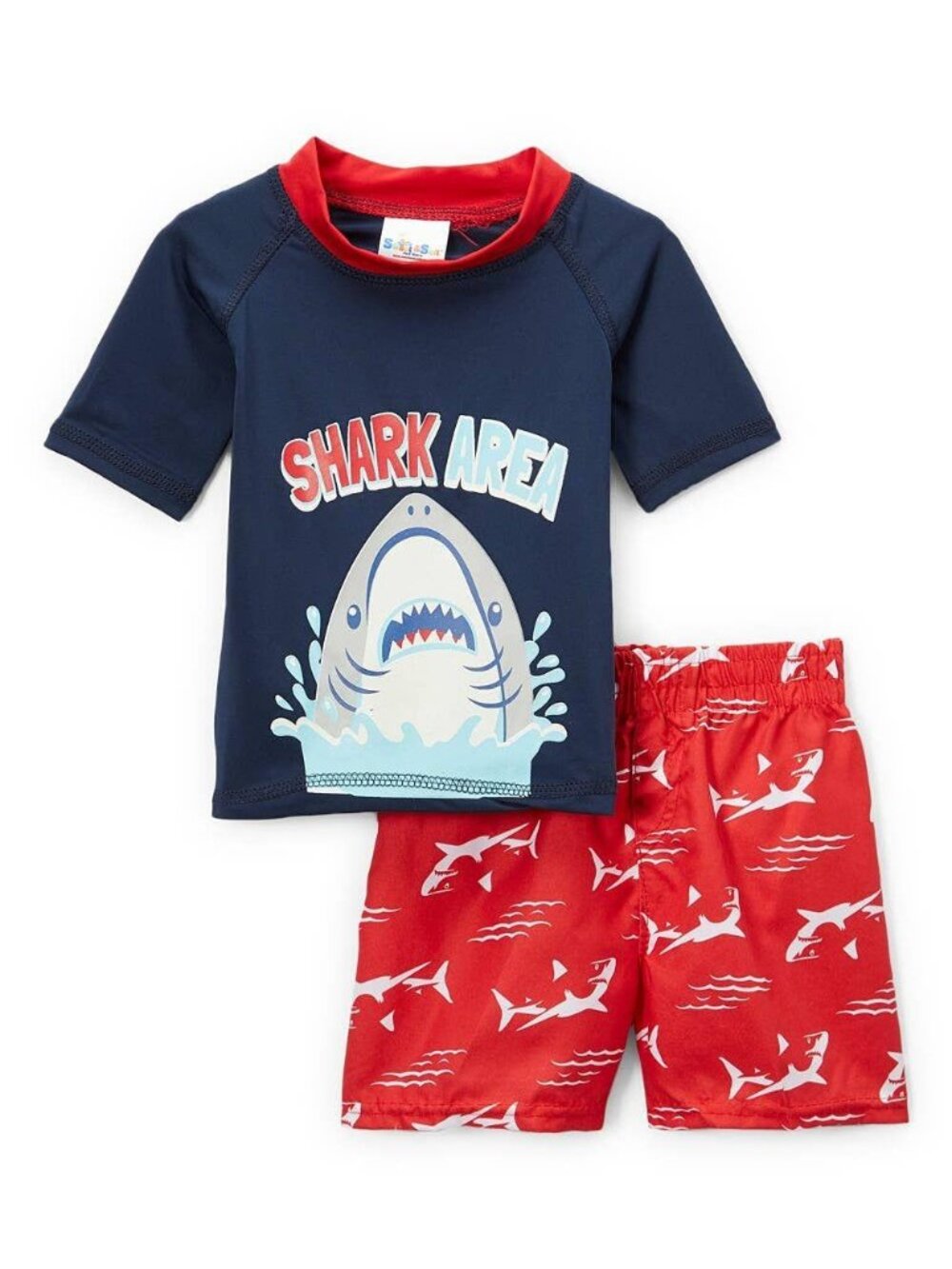 Size 5 Boys Swim Set with Short Sleeve Rash Guard Shark Zone